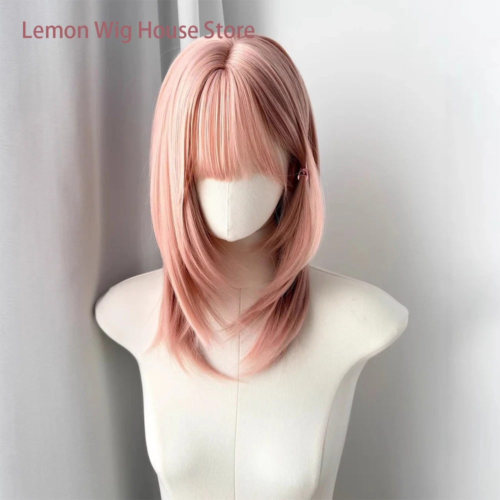 Pink Natural Synthetic Wig with Bangs Cute Lolita Layered Wigs High Quality Fiber Wig for Women Daily Cosplay Wig Heat Resistant