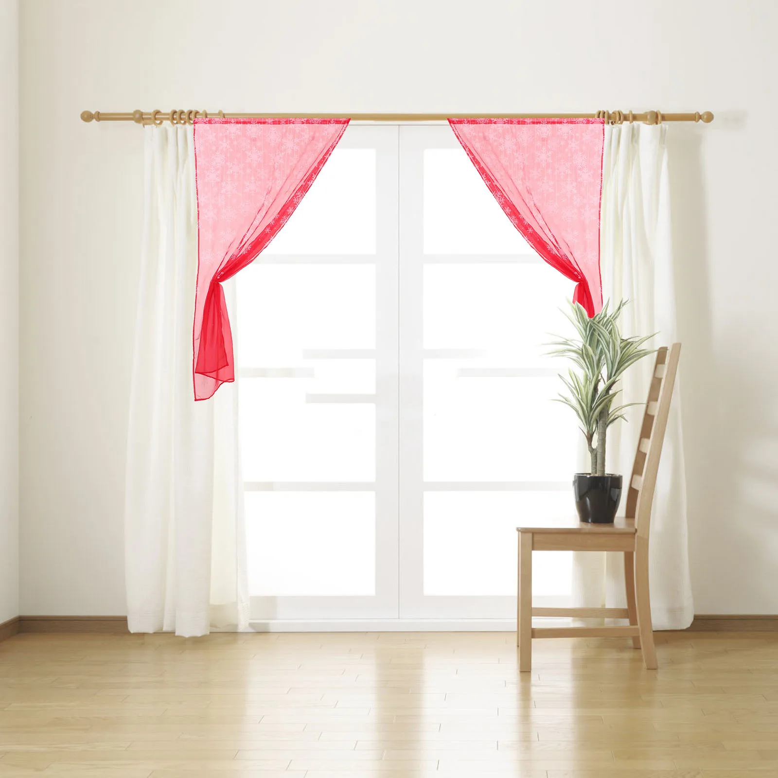 ستائر شفافة لعيد الميلاد على شكل ندفة الثلج الحمراء مكونة من 2 لوحة ستائر نافذة للعطلات وديكورات الشتاء لغرفة المعيشة في المطبخ