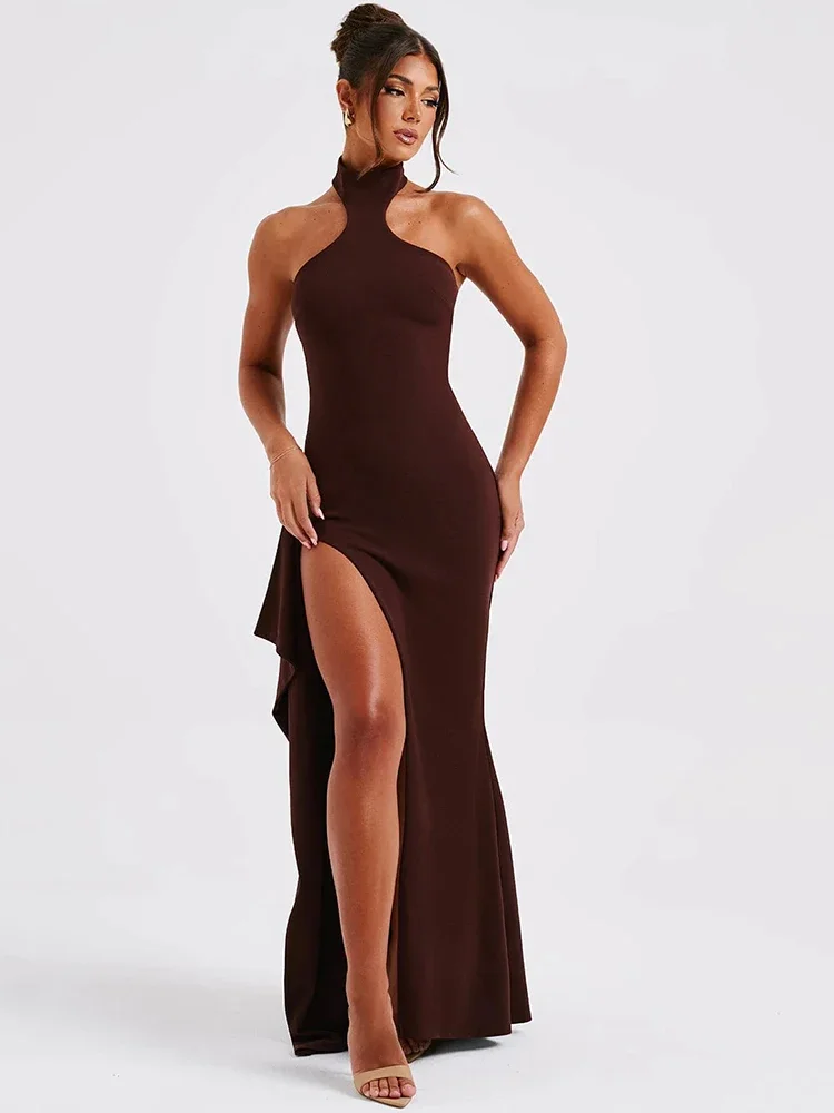 

Ladies Bodycon club party long dress, elegant sleeveless, thigh high split, sexy long skirt female, fashion backless.