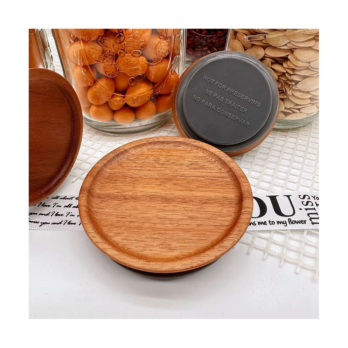 Regular Mouth Jar Lids,Wooden Jar Tops,Canning Lids with Airtight Silicone Seal for Regular Mouth Jars,4 Pack