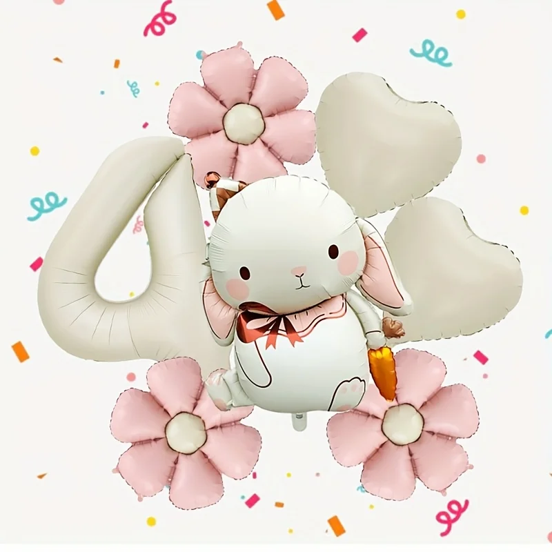 7-teiliges bezauberndes Kaninchen-Gänseblümchen-Ballon-Set, 40 Zoll, cremeweiß, Nummer 1–9, Geburtstagsballon, Cartoon-Kaninchen, Ostern, Party-Dekoration – Detail 5