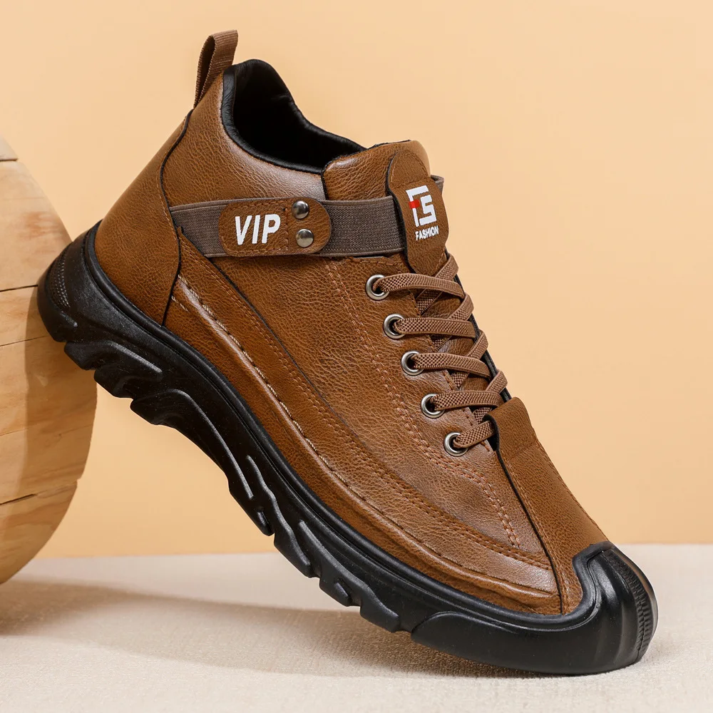 Retro Trend Men's Cotton Shoes Outdoor Casual Sports Shoes Leather Warm and Fleece Lightweight Boots in Thick-soled Work Boots