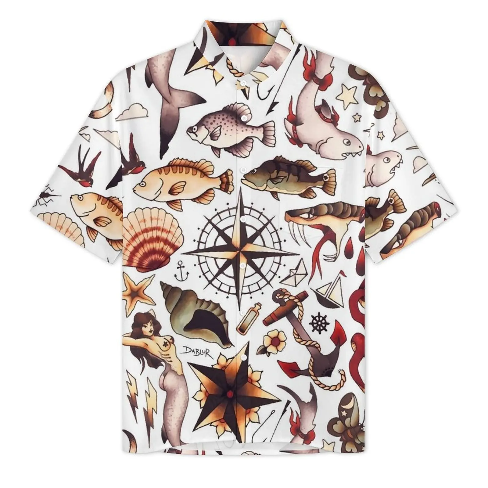 Traditional Nautical Tattoo Flash Beach Shirt Mens  Cool Casual Shirts Summer Short-Sleeve Y2K Fashion Oversized Blouses Gift