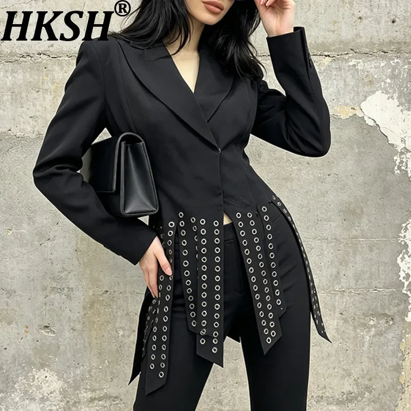 HKSH Women Blazer Dark Style Elegant Fashion Waist-cinching Asymmetrical Hem Tassel Design Niche Punk Slim Suit-Coat New HK27740