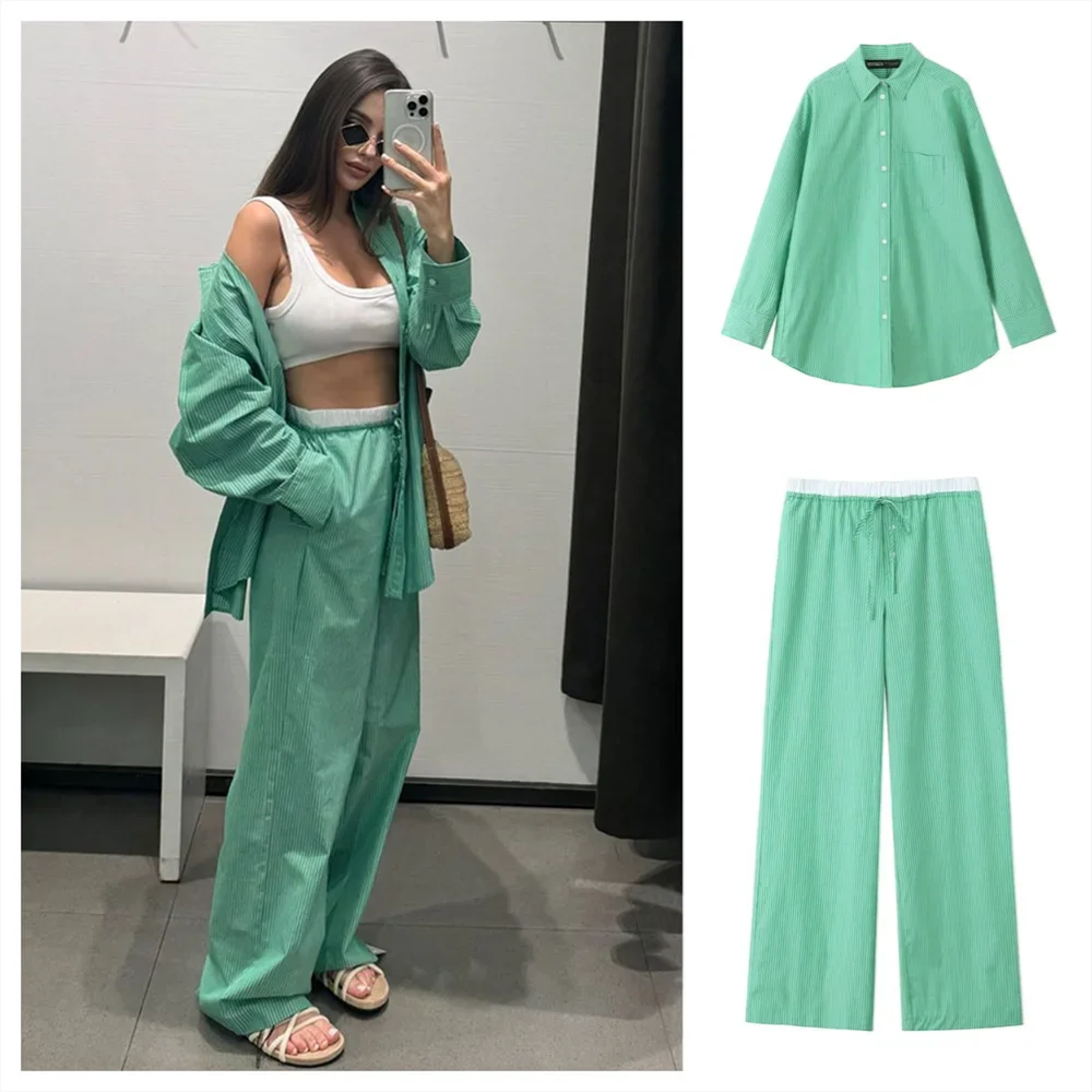 PB&ZA2024 autumn new women\'s fashionable temperament casual versatile striped printed poplin loose shirt straight leg pants set