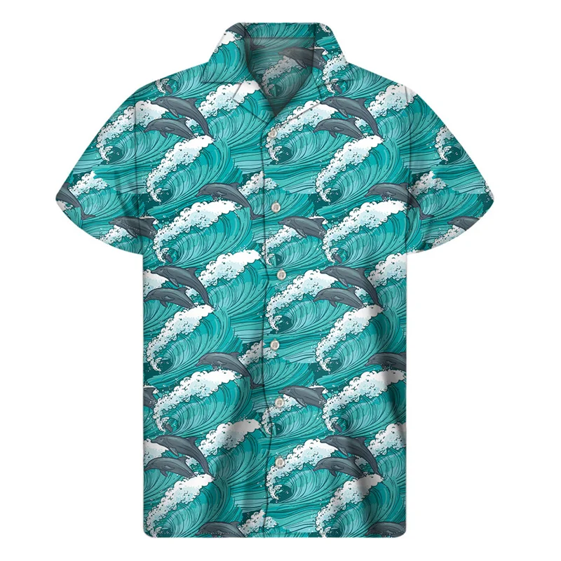 Cute Cartoon Dolphin Hawaiian Shirt For Men 3D Print Animals Shirts Harajuku Fashion Short Sleeve Tops Streetwear Button Blouse