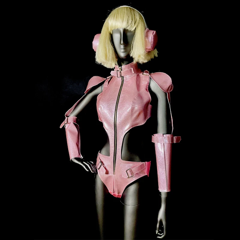 

Sexy Pink Leather Hollow Waist Bodysuit Stage Wear Bar Nightclub Singer Dancer Gogo Costume Club Party Show Rave Festival Outfit