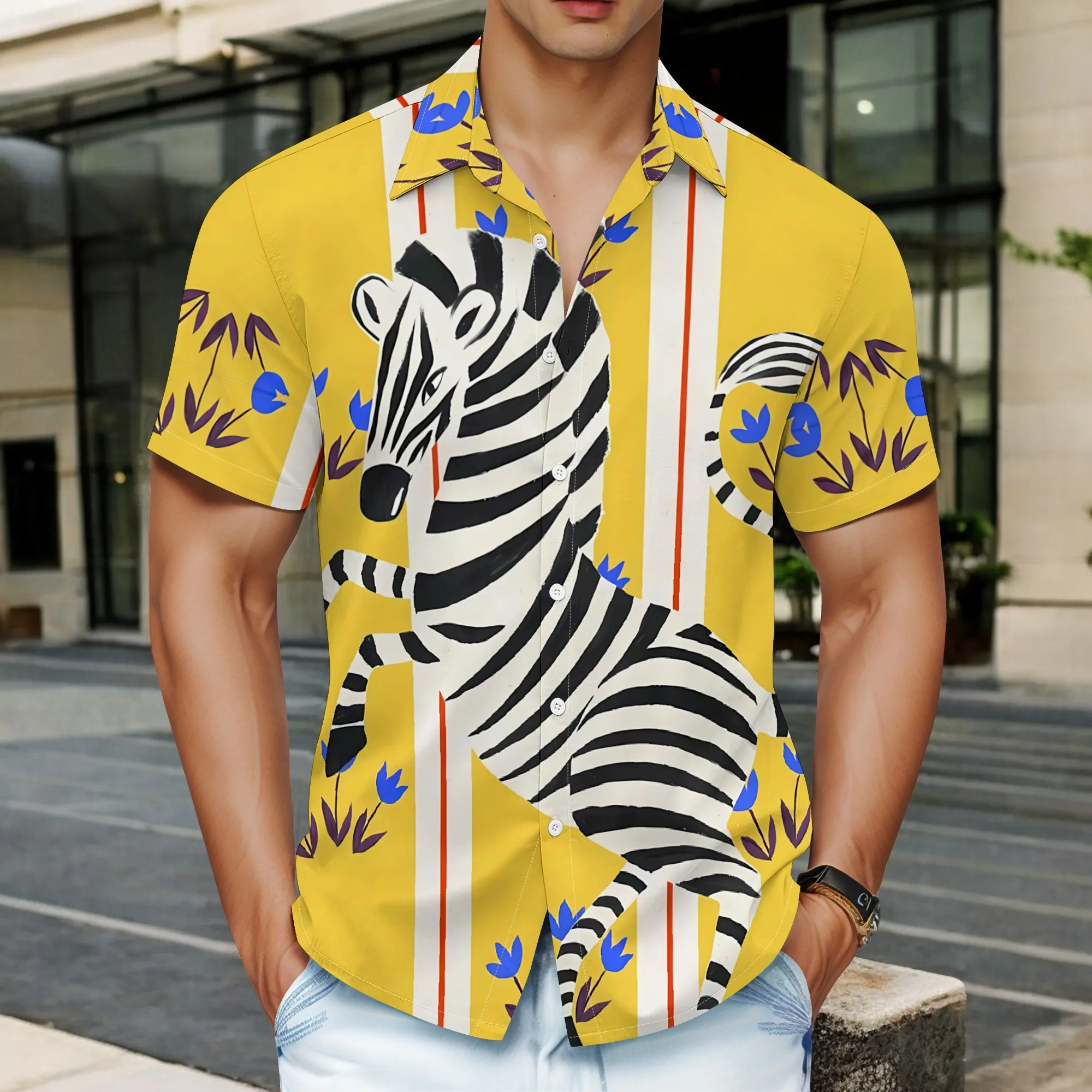 

YEAE Zebra Floral Pattern Print Shirt for Men Summer Casual Short Sleeve Top