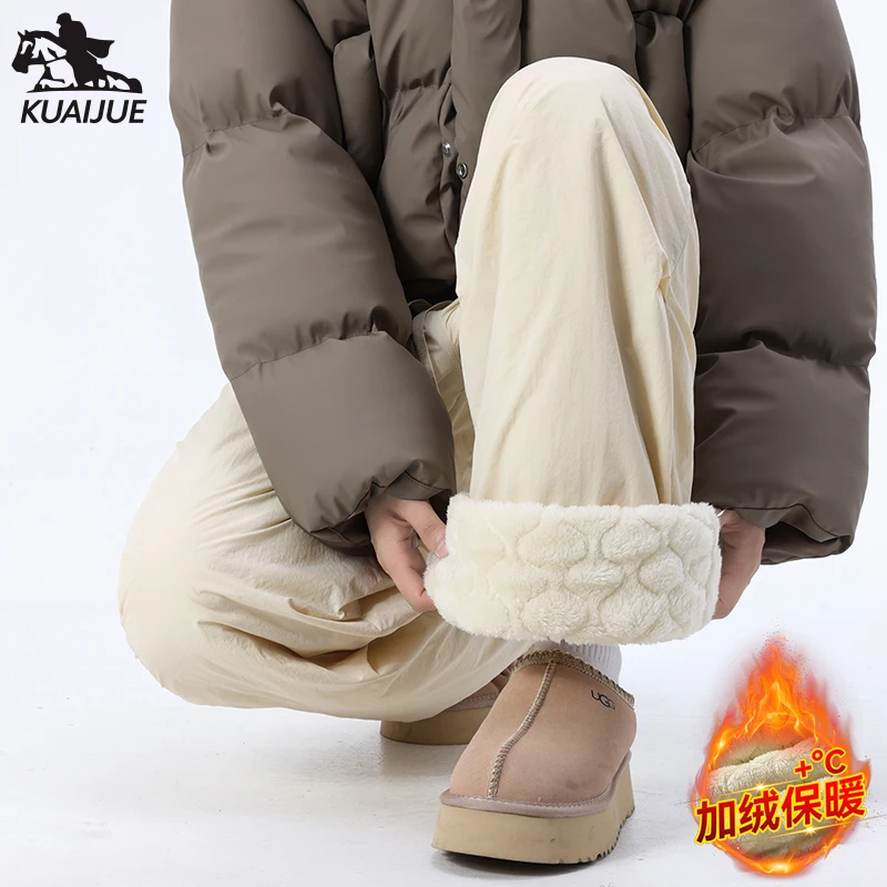 سراويل رجالية من جلد الخراف مقاس كبير سميكة مع مقاومة للرياح للأسفل لملابس خارجية شتوية سميكة وكبيرة الحجم سراويل دافئة