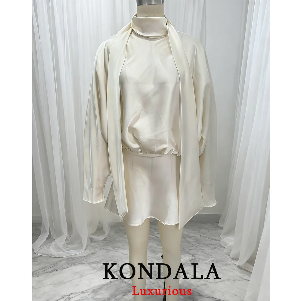 KONDALA elegante vestido de fiesta de satén Beige para mujer, minivestido holgado de manga larga con pajarita, moda 2025, vestido de noche para discoteca para mujer