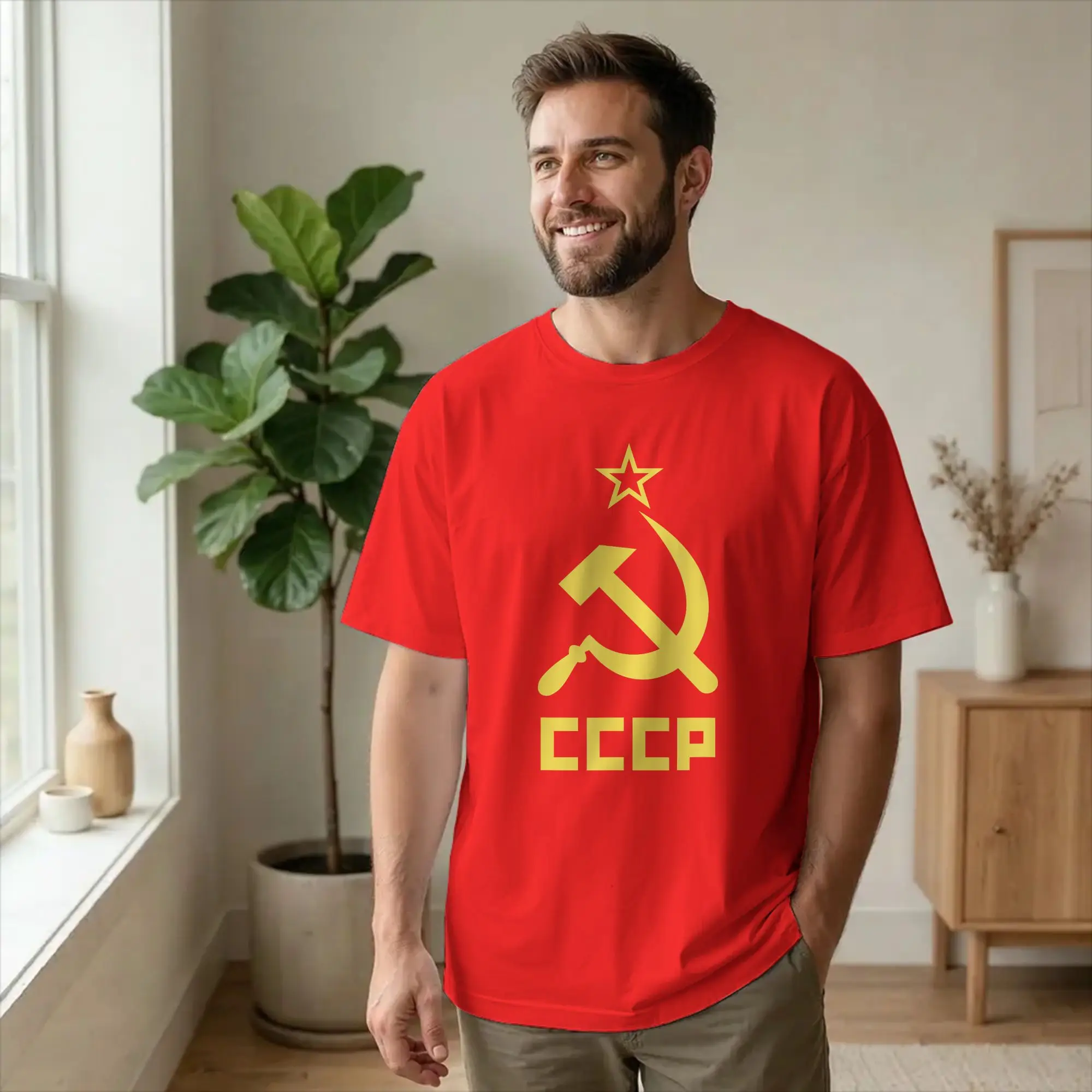 Novelty Hammer Sickle Soviet Union CCCP T-Shirts Men Crew Neck Pure Cotton T Shirt USSR Russian Short Sleeve Tees Summer Clothes