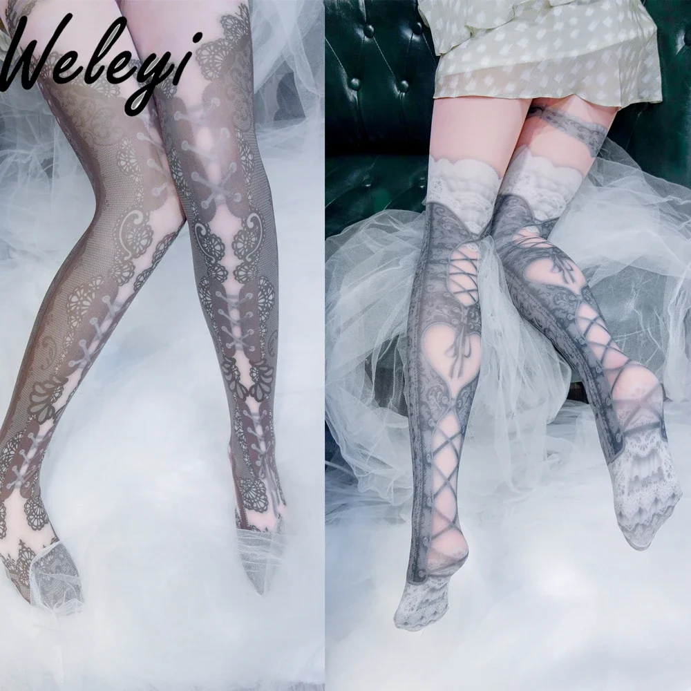 

Lolita Soft Girl Sexy Tights Medias Harajuku Japanese Jirai Kei Strap-on Lace Pantyhose Cosplay Leg Shaping Stockings for Women