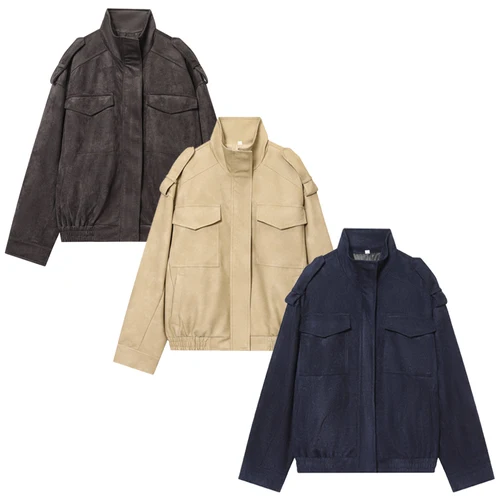 Imagen 2 del producto HXAO, recién llegado, chaqueta de ante, chaquetas para mujer, otoño, chaqueta Bomber caqui gris oscuro, abrigo elegante de manga larga con cremallera, prendas de vestir exteriores de moda