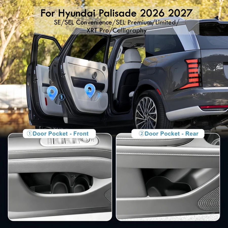 4PCS Tpe Door Side Organizer Trays for Hyundai Palisade 2026 2027 Car Door Side Slot Pocket Insert SE/SEL Convenience/ XRT