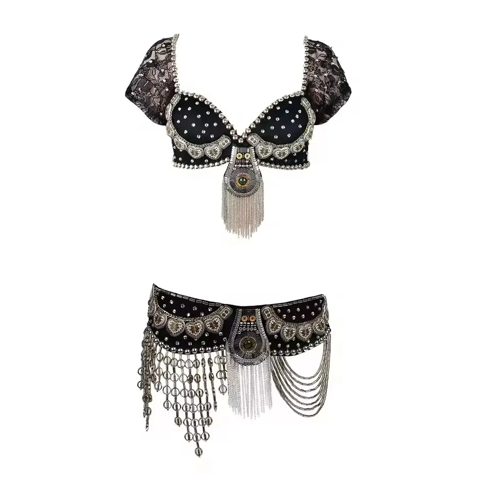 Ropa de baile profesional Tribal para mujer, traje de danza del vientre, pantalones con cinturón superior, 3 piezas
