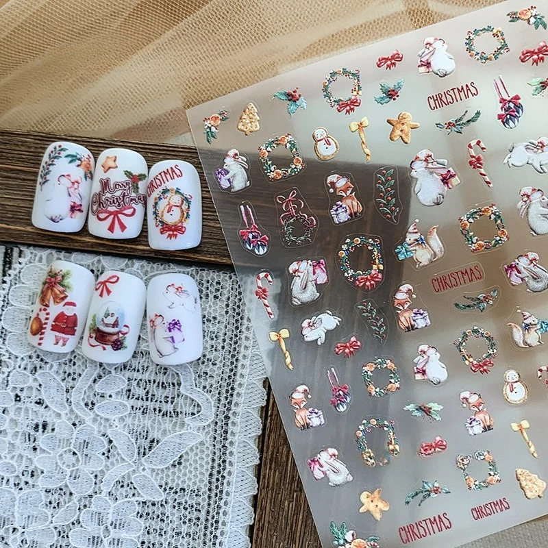 Nail Art Stickers Self Adhesive 2D Christmas Japanese Cute Film Decals Thin Flexible Colorful Lightweight DIY Decor for Girls