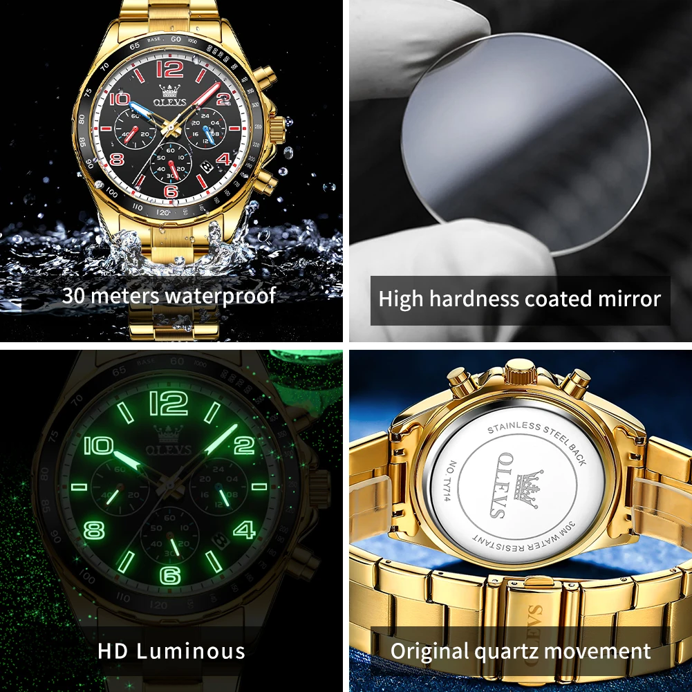 Olevs-メンズラグジュアリークォーツ時計、ステンレス鋼、防水、発光、クロノグラフ、デジタルダイヤル、メンズリストウォッチ、限定、新品