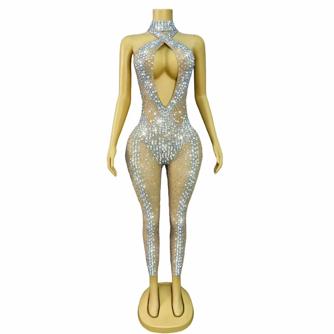 

Women Sexy Rhinestones Crisscross Key Hole Mesh Bodycon Transparent Jumpsuits Special Occassion Nightbar Dj Gogo Dance Dress