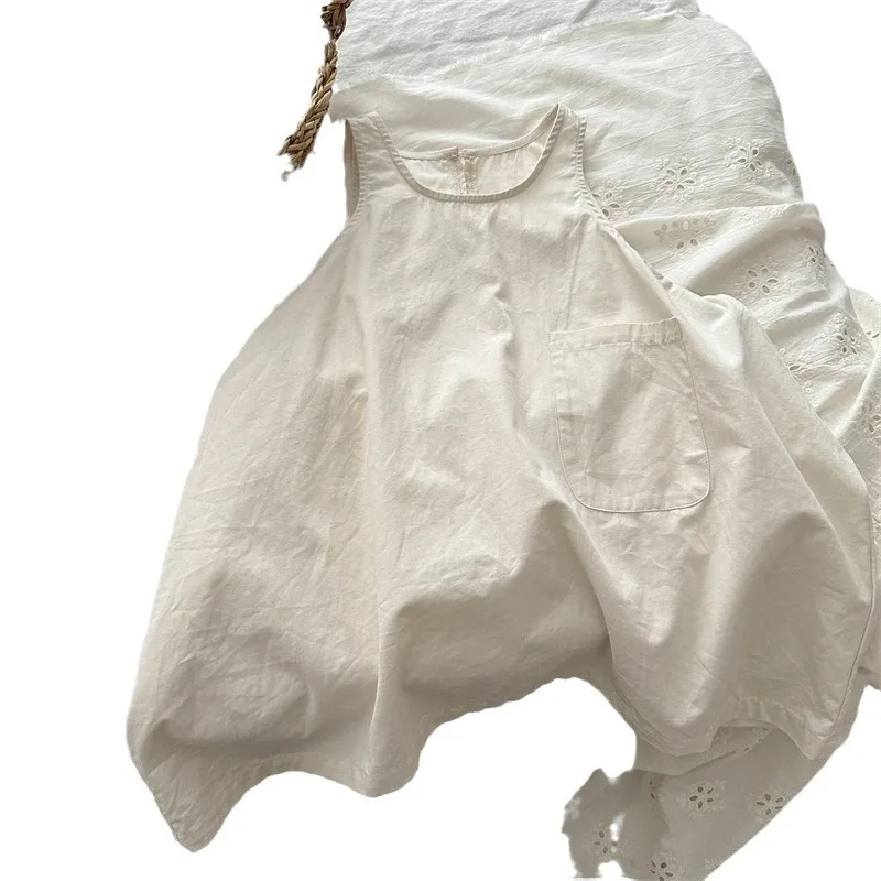 تنورة أنيقة للفتيات لعام 2025 بدون أكمام للربيع والخريف منتج جديد فستان فضفاض بلون سادة مكدس للأطفال