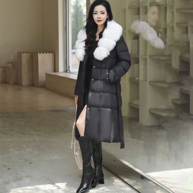 Winter neue Damen weiße Gänsedaunen verdickte warme Daunenjacke mit Kapuze Y2K hochwertiger Fuchspelzkragen mittellanger warmer Mantel 2025