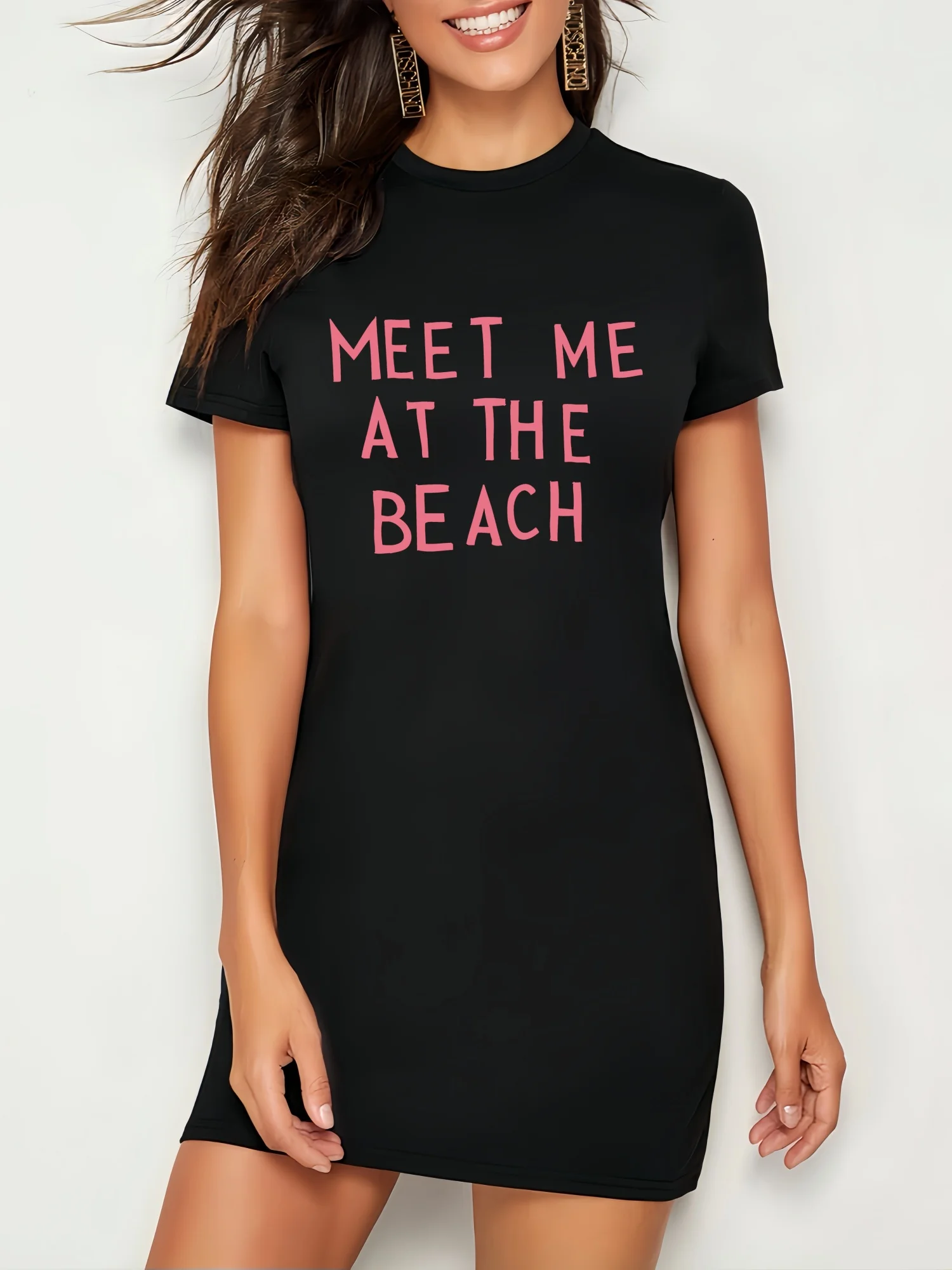 Meet Me At The Beach Simply Letter Print Short Sleeved T Shirt Dress Short Summer Woman Dress