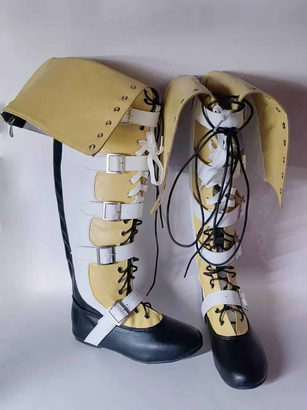 Tri-Color Cosplay Thigh-High Boots Lace-Up Buckle Accents Flared Collar Design Retro Style Custom Cool Women's Boots