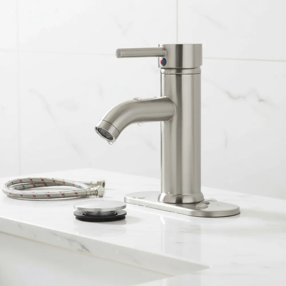 

Modern Brushed Nickel Single Handle Bathroom Sink Faucet with Pop-Up Drain, Water-Saving Design for Home & RV