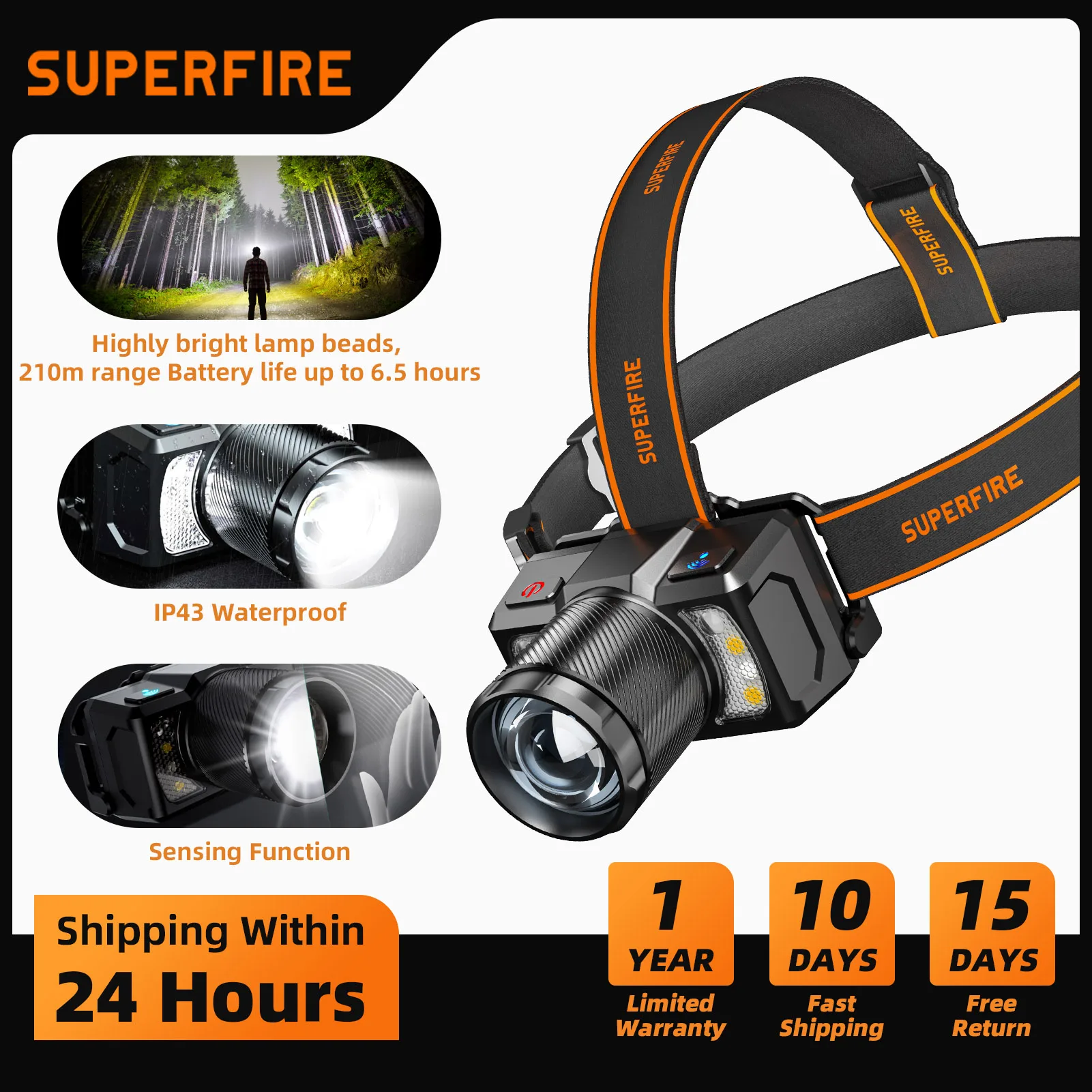 

SUPERFIRE Super Bright Headlamp HL25-A LED Sensor Headlight Waterproof USB C Rechargeable Work Light Fishing Zoomable Camping