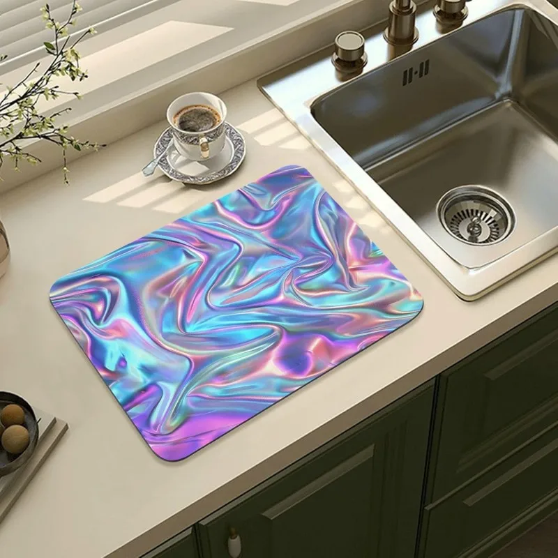 Luxury Blue Gray Marble Dish Drying Mat Modern Gold Vein Kitchen Counter Mat Aesthetic Quartz Coffee Bar Pad Absorbent