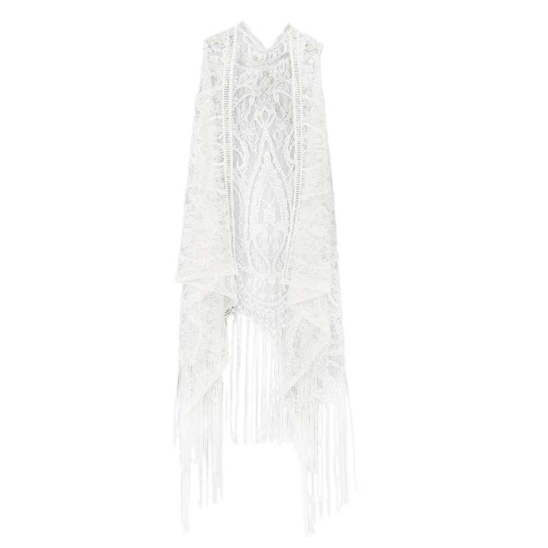 Hollowed out Lace Women Vest with Long Tassels Sleeveless Cardigan Top Beach Coverup For Beach Vacation Or Daily Wear X7JD