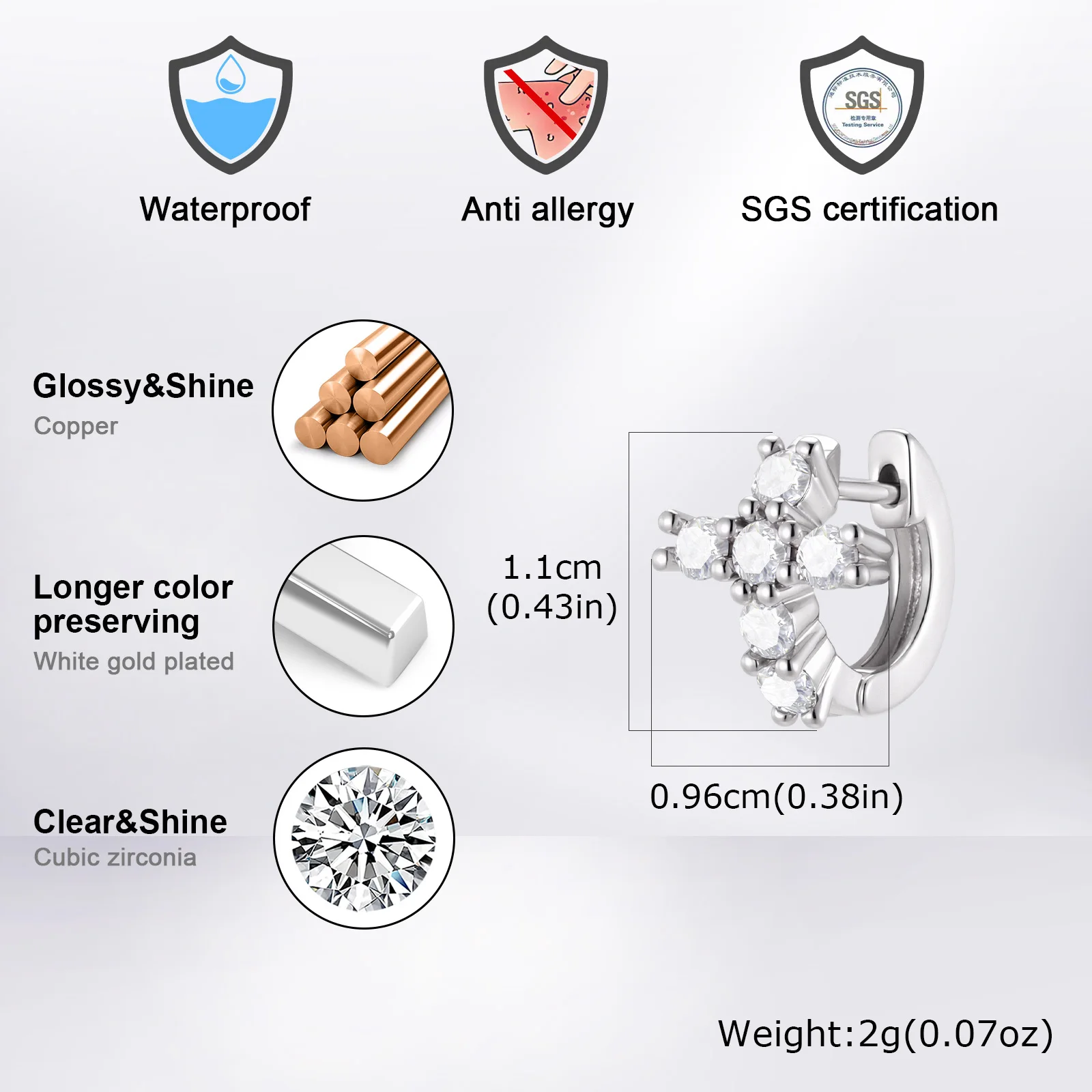 Vnox Herren Kreuz Huggie Hoop Ohrringe, Kupfer mit Zirkon-Einlage, mehrfarbiges Kreuz-Piercing-Schmuckstück, Geschenk für Männer, für den täglichen Gebrauch und Partys. – Detail 7