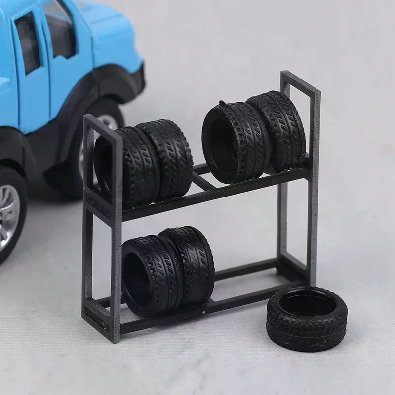 Soporte de exhibición de estante de neumáticos a escala 1:64 y 7 Uds. De neumáticos, accesorio de escena de garaje de coche modelo, juego de herramientas de taller de reparación, accesorio en miniatura
