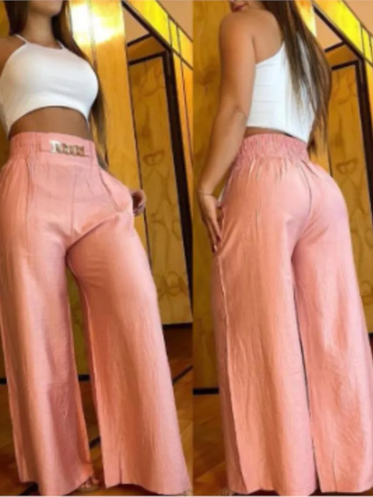 Summer Chain Decor High Waist Wide Leg Pants New Spring Elegant Women Black Casual Pocket Loose Street Trousers Y2k Long Pant