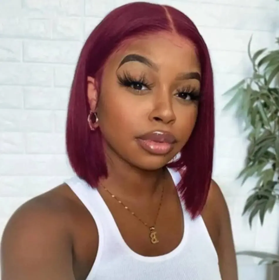 

99J Short Bob Human Hair Wigs Straight 13x4 HD Transparent Lace Front Wig Brazilian Burgundy For Women Pre Plucked Hairline