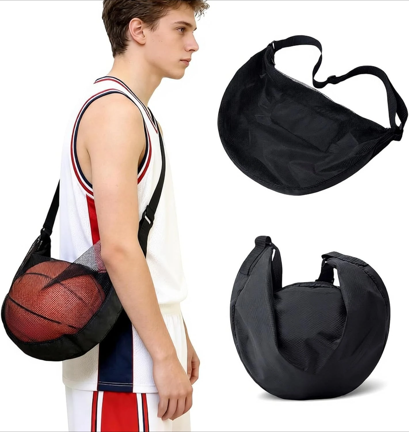 

Crossbody Carrier 1/2Pcs Anti-Tear Mesh Single Ball Bag Fits Size 7 Basketball Soccer Volleyball With Adjustable Strap & Zipper