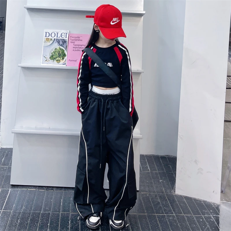 

Kids Girls Sets Black hoodie Sweatshirts Reflective strip Sweatpant 2pcs Suits Harem Pants Sports Outfits Hip hop Tracksuit 3-14