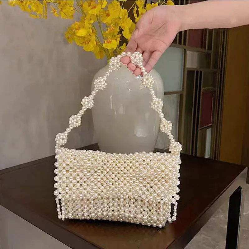 

New Design Ins Woven Women's Bags Fashion Handmade Shoulder Bag Small Fragrant Wind Bead Pearl Handbag Banquet Socialite Bag