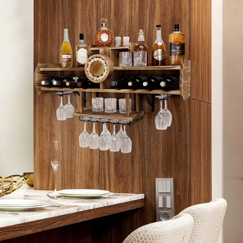 Wine Rack Wall Mounted Wood Shelf with Bottle Stemware Glass Holder Rustic, Airplane Shape Multi Functional Liquor