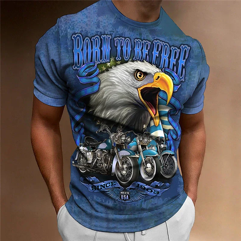 T-Shirt z grafiką z orłem w stylu Vintage dla mężczyzny lato z dekoltem w motocyklowym stylu koszula Oversized Casual krótki rękaw topy męskie bluza