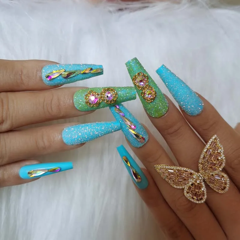 24pcs  luxury jewelry long ballet coffin fake nails Blue press on nails crystal diamond military Removable