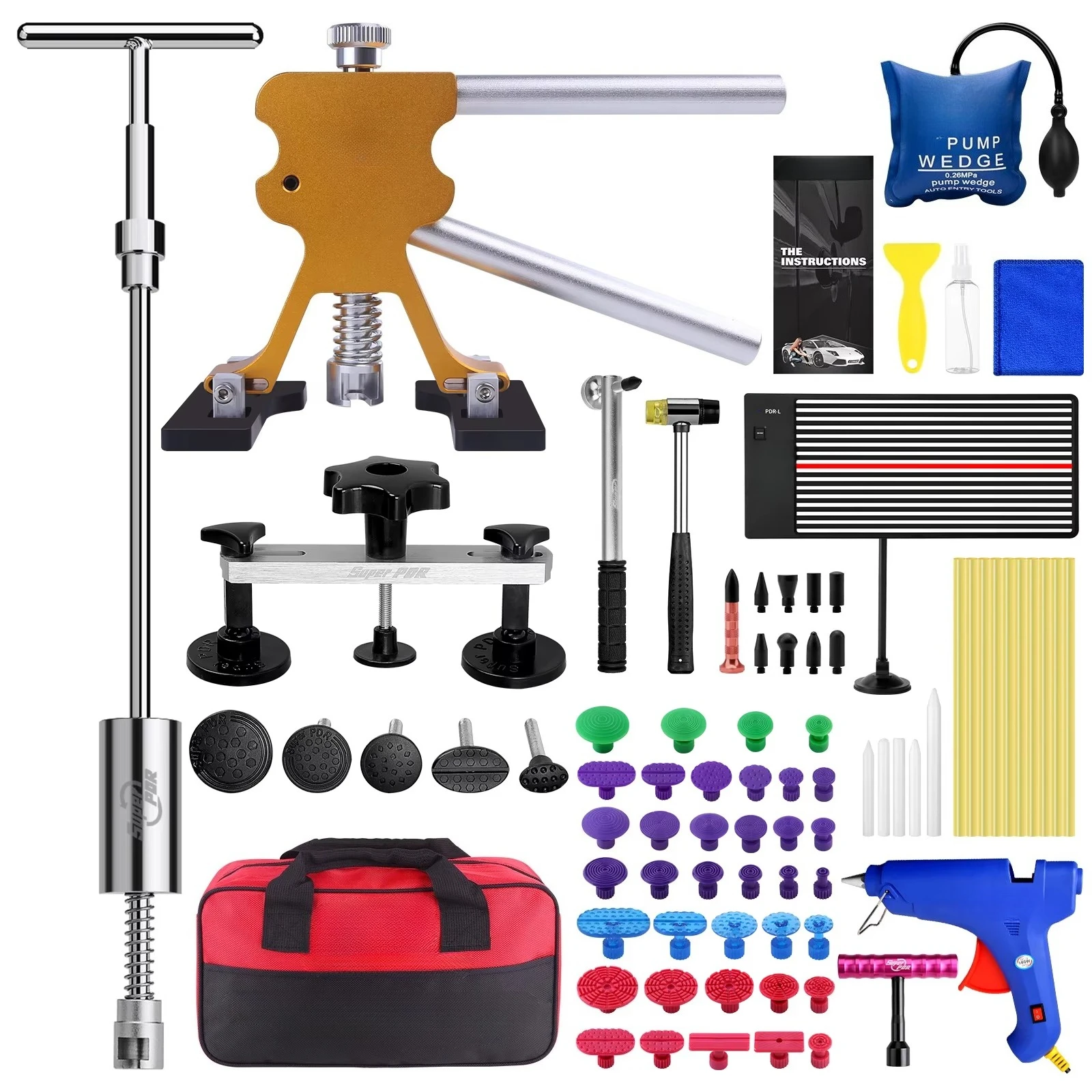 Kits de ferramentas para remoção de amassados sem pintura, extrator de amassados de carro com placa refletora de LED para danos ao granizo do carro