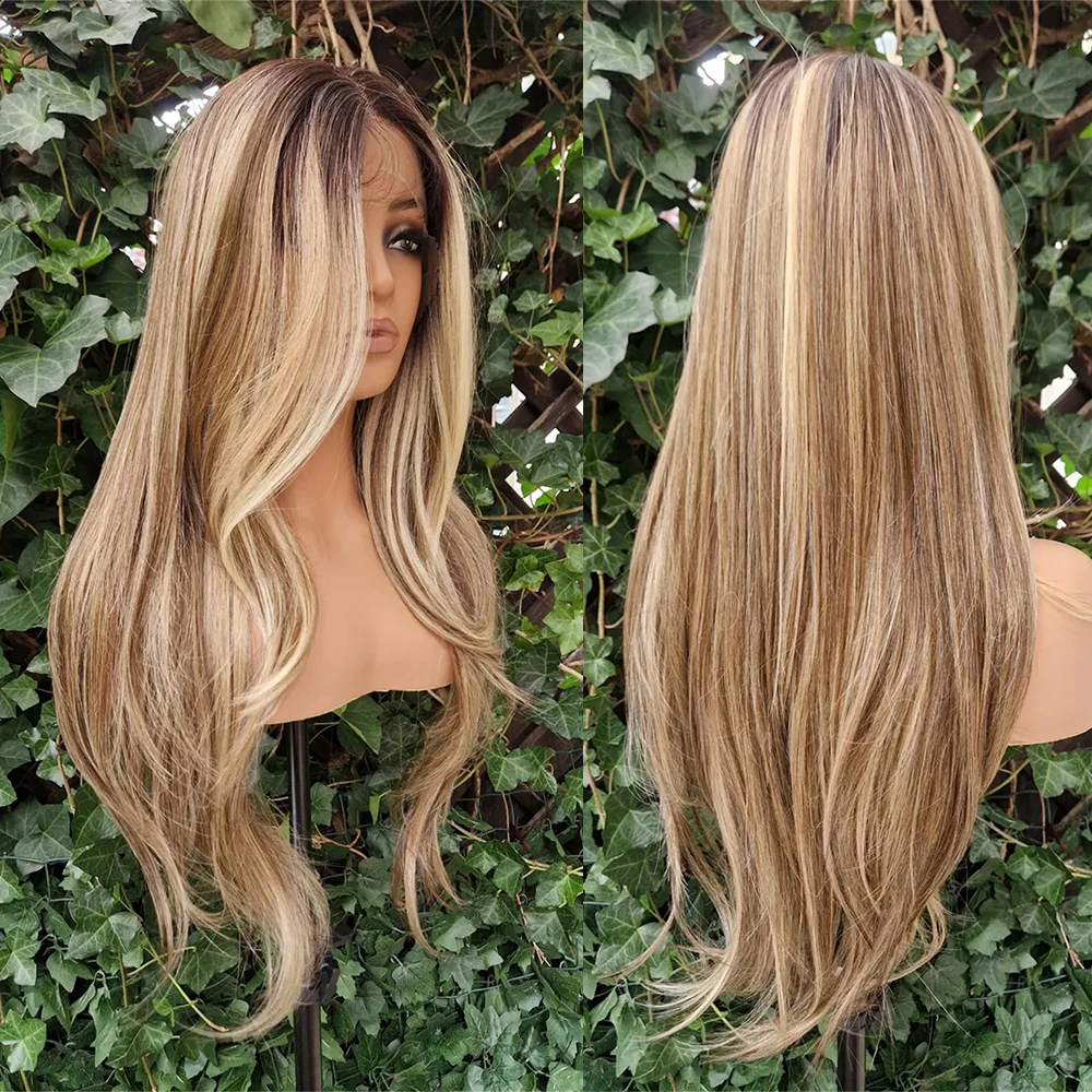 

High Temperature Fiber Brown Blonde Wig 100% Premium Synthetic Hair Lace Frontal Wig Highlights Natural Straight Wig for Woman
