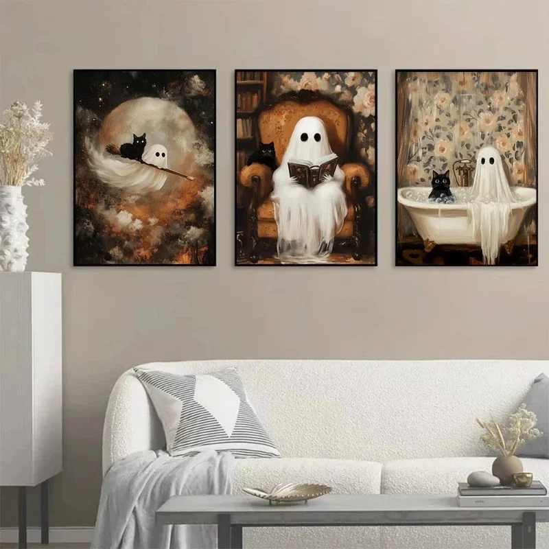 Cute Witch Ghost Cat in Bathtub Canvas Print Scary Ghost Landscape Halloween Wall Art Poster Modern Living Room Home Decor Gifts