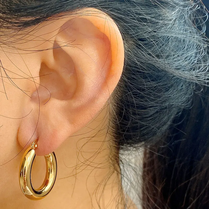 Surgical Steel Gold Color Tone Women Fat Chunky Earrings Stainless Wives Round Smooth Thick Hoops Statement Jewelry 20mm/25mm image 3