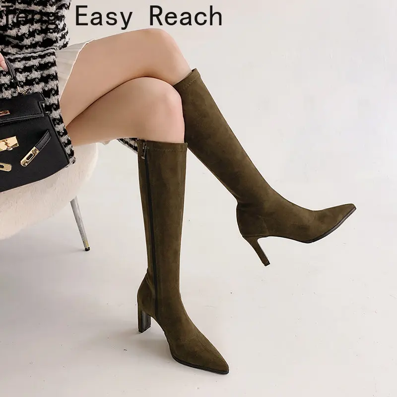 

Knee High Boot Women Autumn Winter Flock Pointed Toe High Heel Handmade Warm Long Boots Black Goth Lady Sexy Shoes Big Size 43