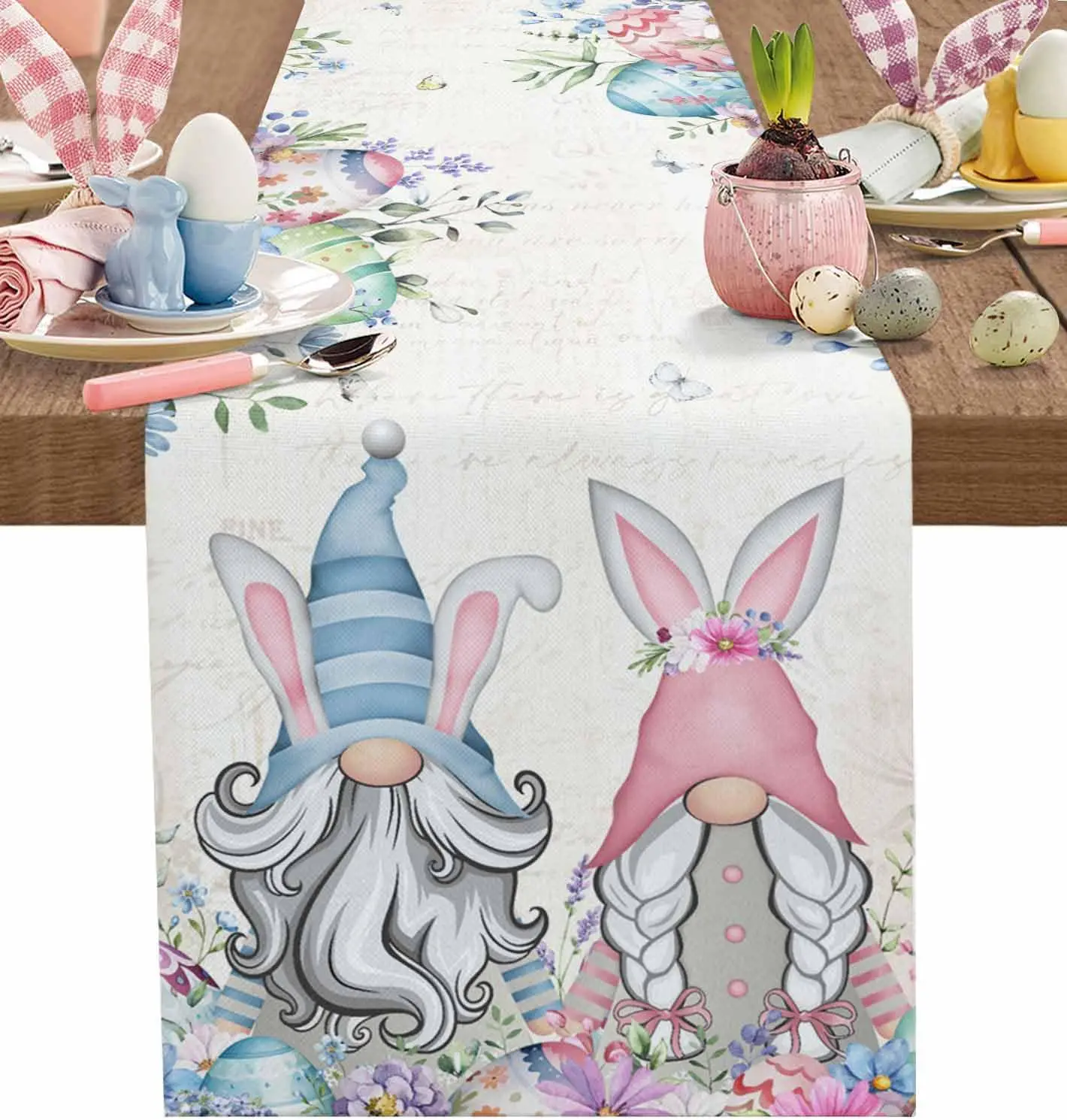 Easter Gnome Egg Eucalyptus Leaf Linen Table Runner Party Decor Spring Flower Rabbit Ears Plant Table Runners Easter Decorations