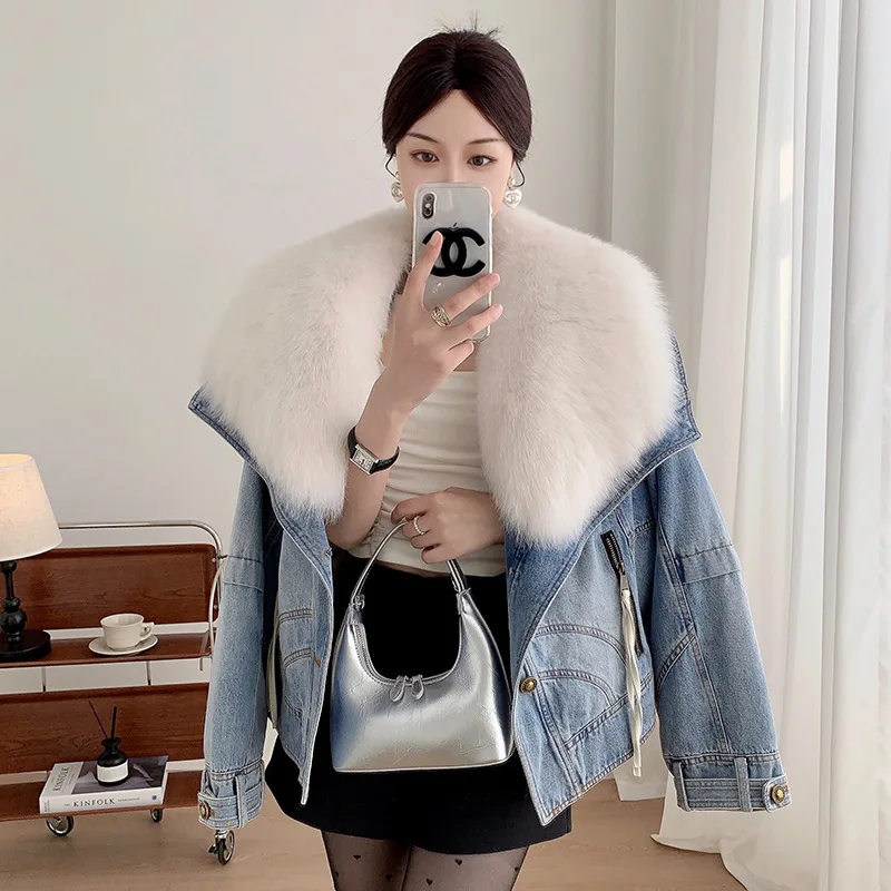 New goose down inner lining denim pie overcomes women's short style  new fox fur collar fur coat for young women