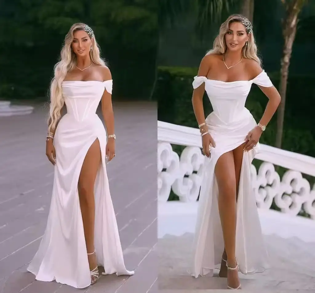 Elegant Off The Shoulder Mermaid Wedding Dress Strapless Pleat Side Slit Open Back Bridal Gown Train Vestido De Noiva Customized