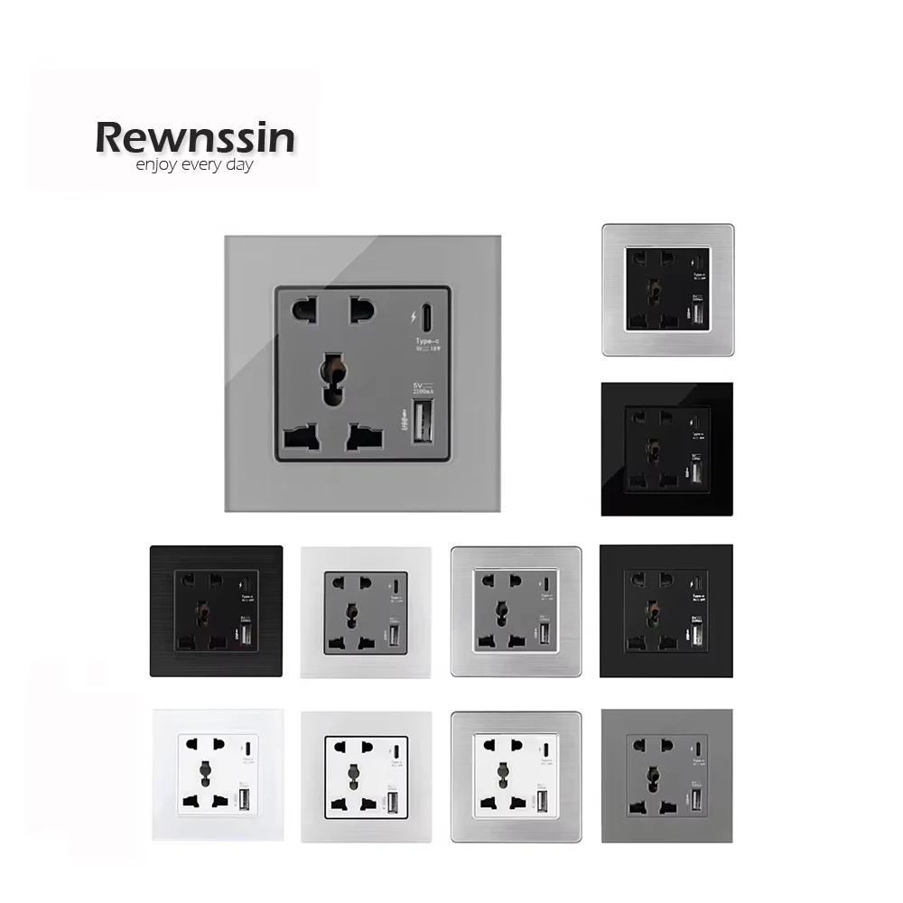 

Универсальная розетка EU FR, 3-х и 5-ти контактная, черно-белая, серая, 13А, с портом USB Type-C для зарядки, настенная