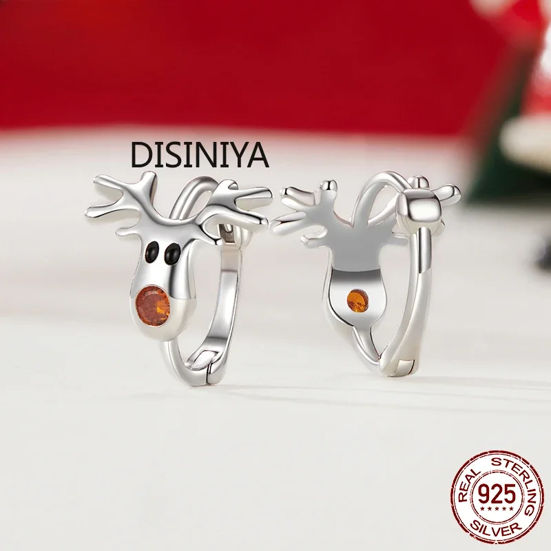 925 Sterling Silver Reindeer Hoop Earrings, Lightweight White Gold Plated Christmas Hoop Earrings for Women SCE1812